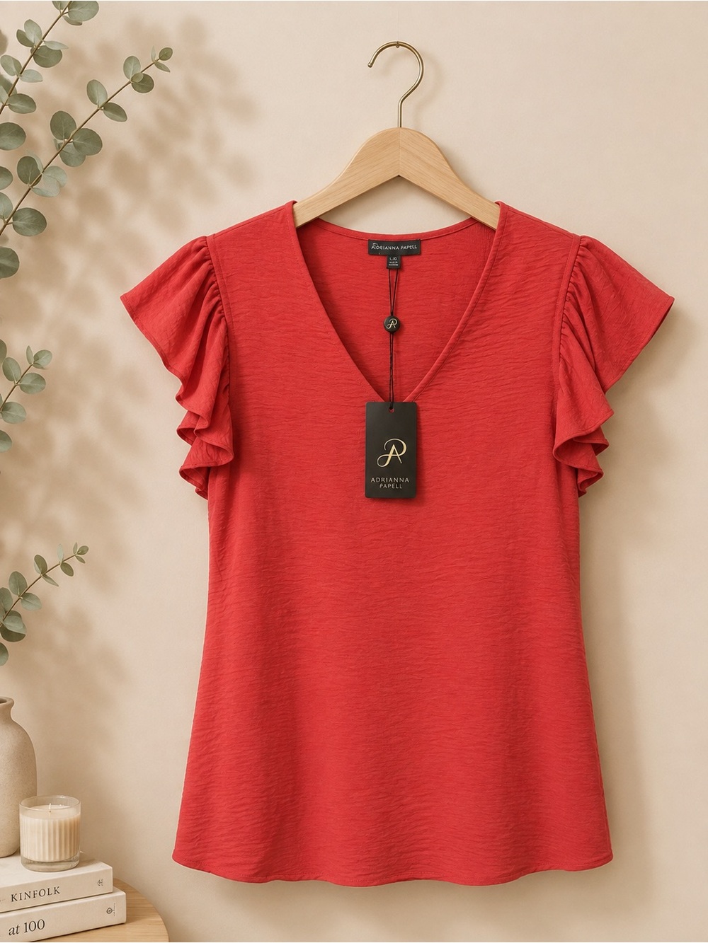 Adrianna Papell Ruffle Sleeve V-Neck Top - Coral Red